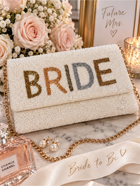 Shirdee Handbags - Shirdee Beaded Bride Clutch Crossbody Envelope Bag White Gold Glass Bead India